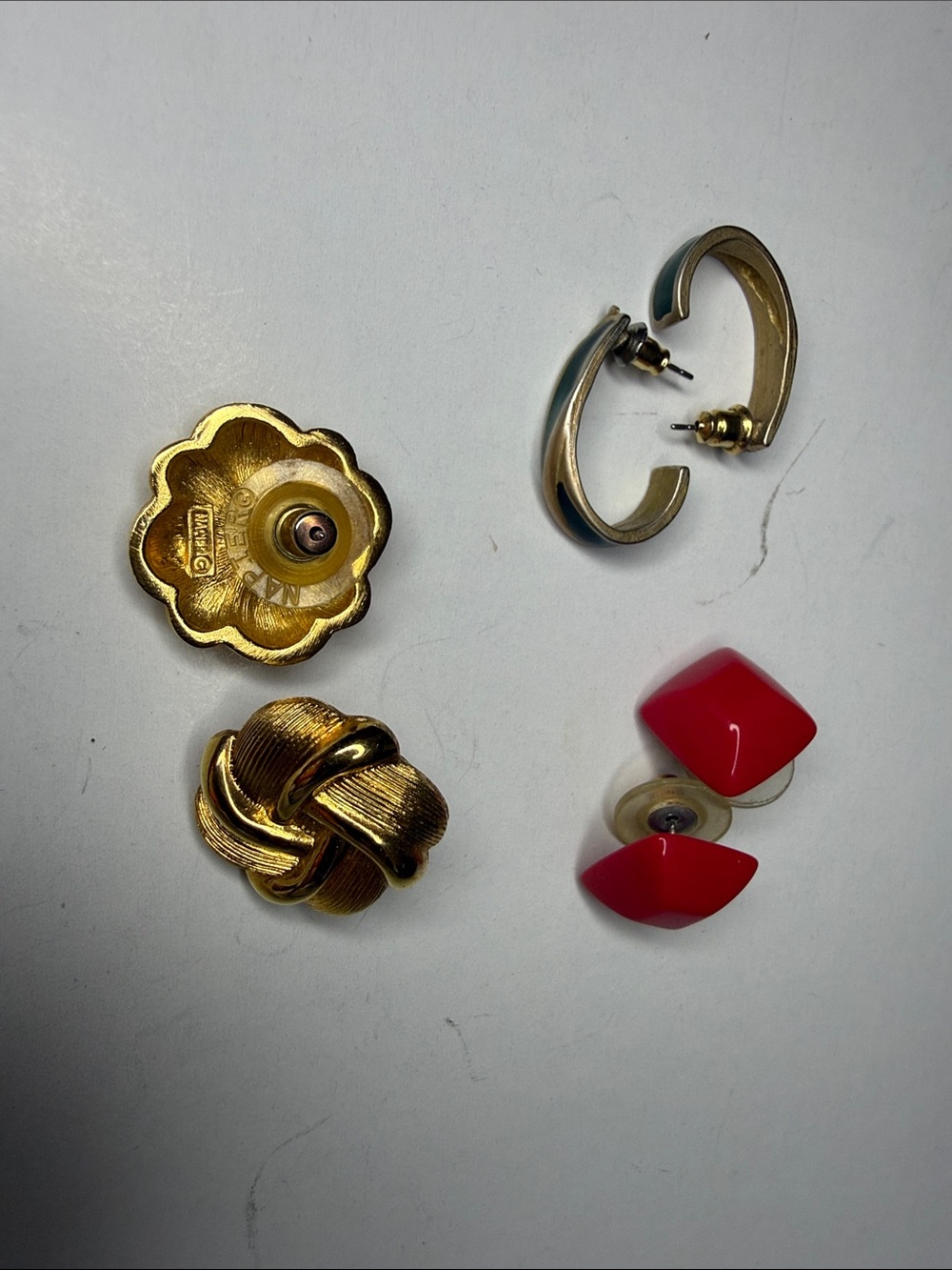 Vintage Napier Gold Tone Knot Earrings with Bright Red Resin Studs